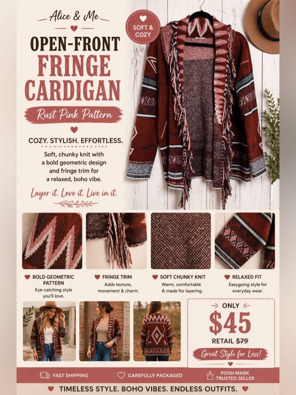 Open-Front Fringe Cardigan Sweater - Rust Pink Pattern
